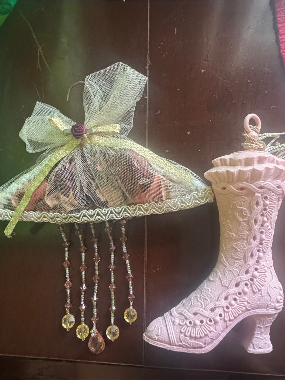 Antique Pink Lace moth ball Boot Ornament with Beaded Tassel Accent